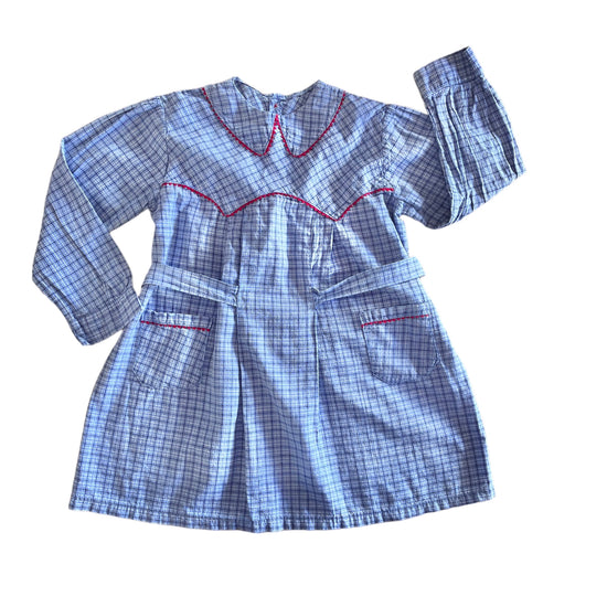 1960s Check Blue Cotton School Dress / Apron / 3-4Y