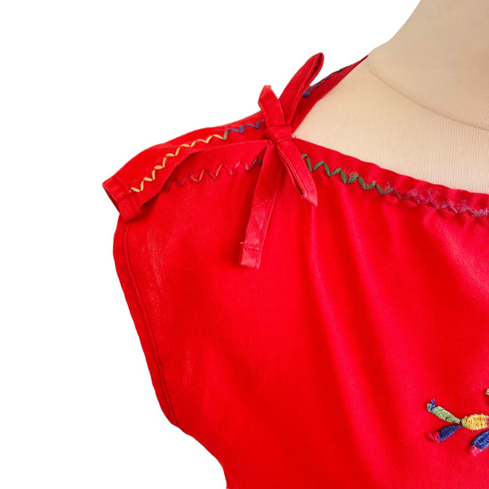 Vintage 1970s Red Boho Folk Embroidered Top 10-12 Years