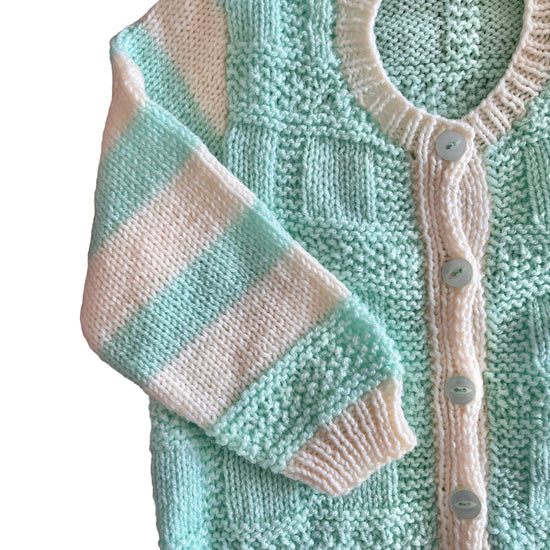 Vintage 70's White / Green Hand Knitted Cardigan 18-24 Months