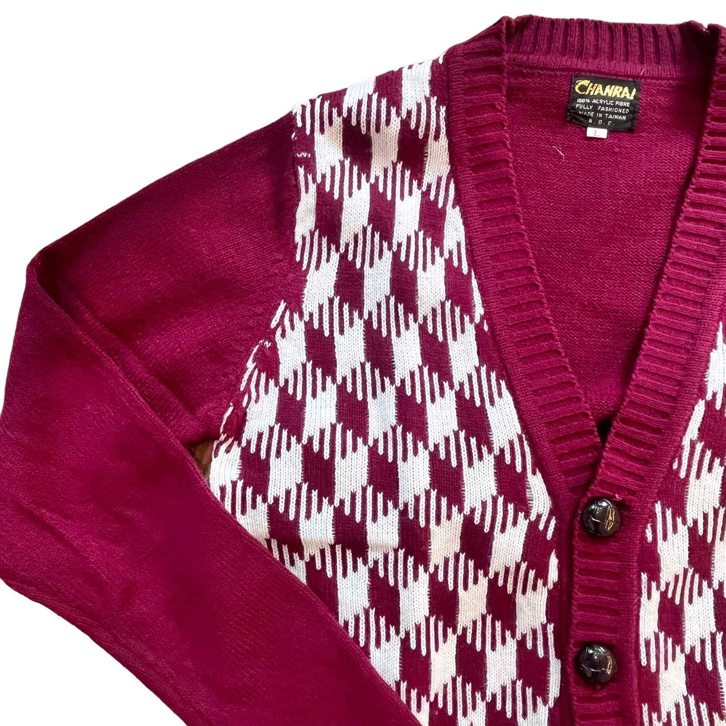 Vintage 1970's Dark Red Houndstooth Cardigan / Teen / Small