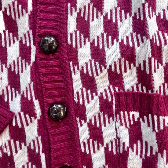 Vintage 1970's Dark Red Houndstooth Cardigan / Teen / Small