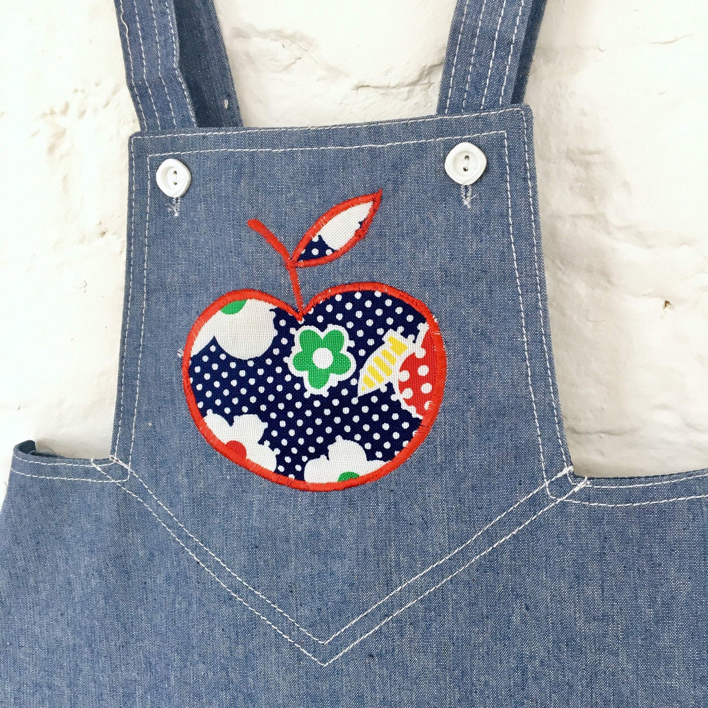 Vintage 60's Scandi Style Apple Applique Pinafore Denim Dress British Deadstock 2-3, 3-4, 4-5 Y-Dresses and Skirts-Petit Pays Vintage