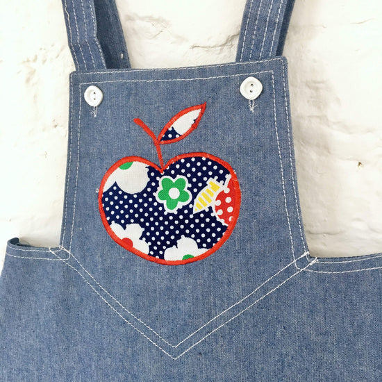 Vintage 60's Scandi Style Apple Applique Pinafore Denim Dress British Deadstock 2-3, 3-4, 4-5 Y-Dresses and Skirts-Petit Pays Vintage
