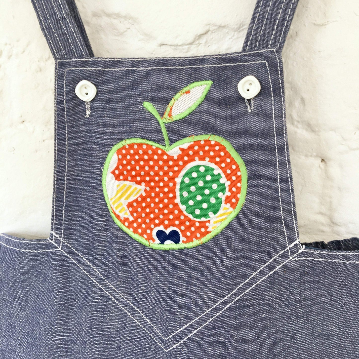 Vintage 60's Scandi Style Apple Applique Pinafore Denim Dress British Deadstock 2-3, 3-4, 4-5 Y-Dresses and Skirts-Petit Pays Vintage