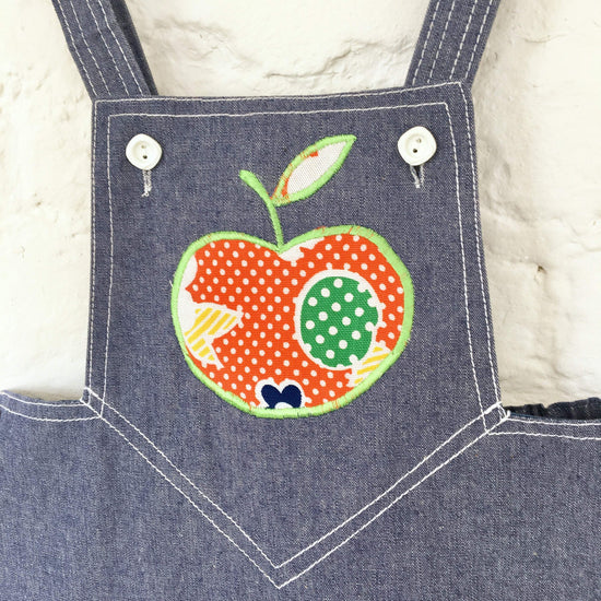 Vintage 60's Scandi Style Apple Applique Pinafore Denim Dress British Deadstock 2-3, 3-4, 4-5 Y-Dresses and Skirts-Petit Pays Vintage