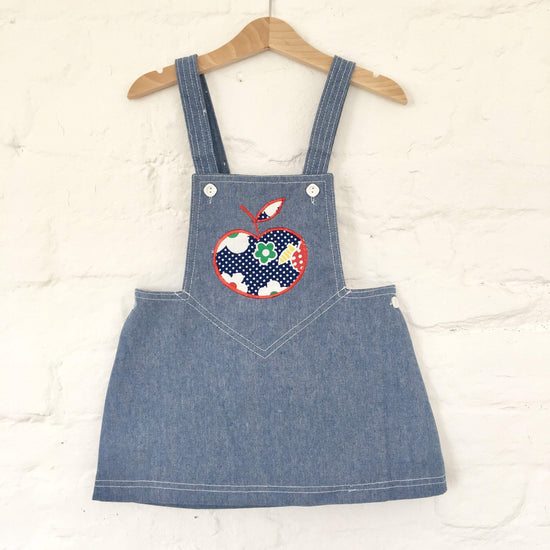 Vintage 60's Scandi Style Apple Applique Pinafore Denim Dress British Deadstock 2-3, 3-4, 4-5 Y-Dresses and Skirts-Petit Pays Vintage