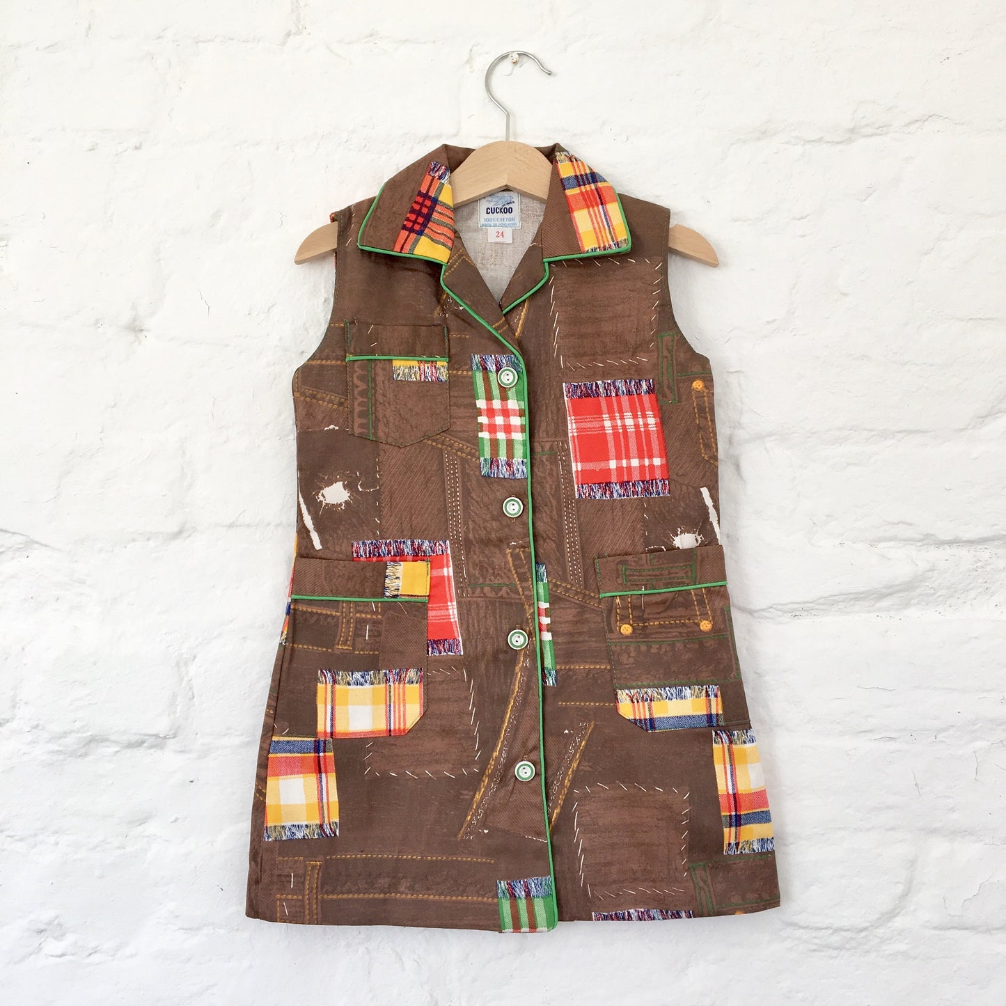 Vintage NOS 60's Brown Patchwork Dress / 4-5, 6-8, 8-10Y