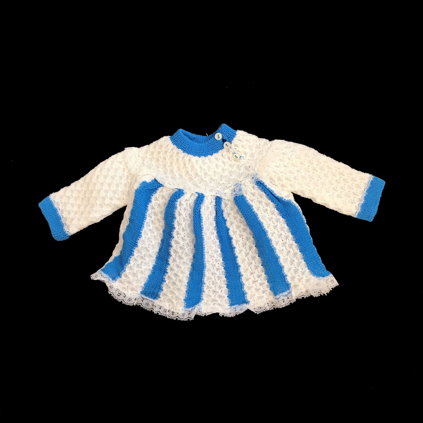 Vintage 70's Stripy White/Blue Knitted Dress  0-3 Months