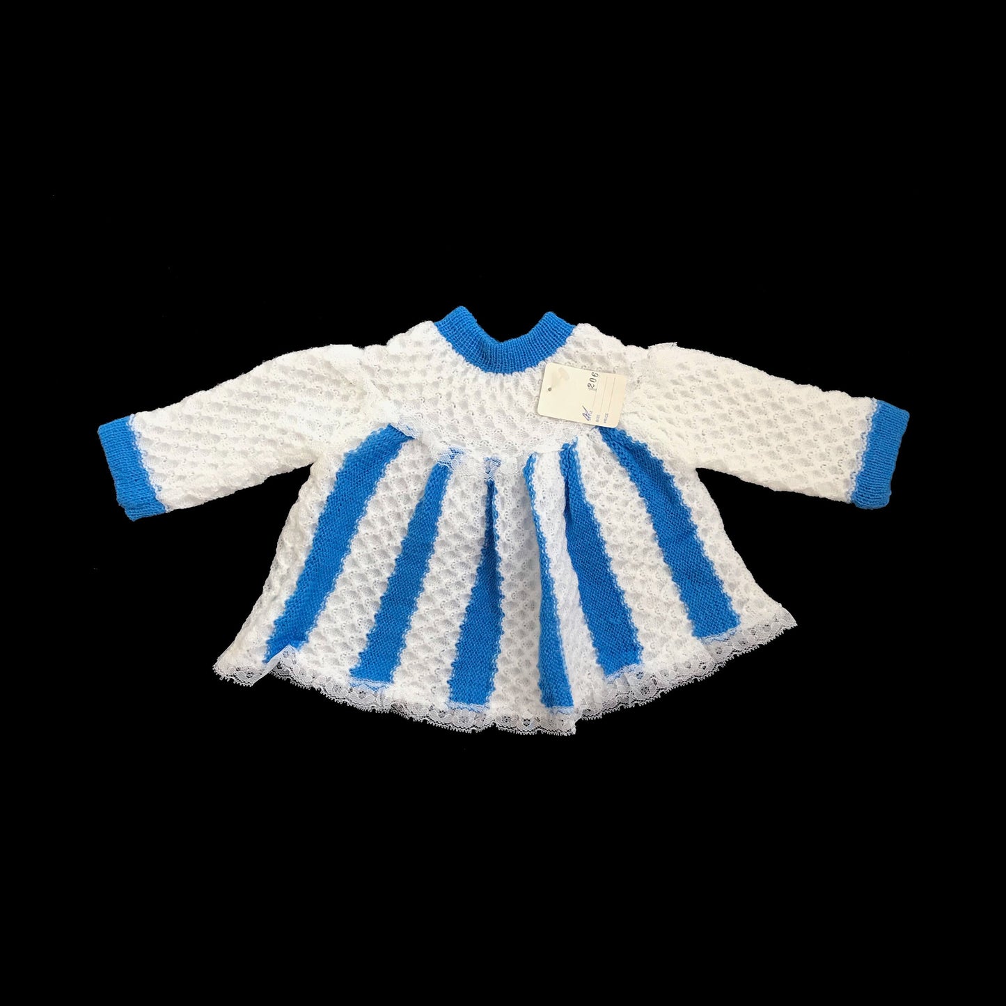 Vintage 70's Stripy White/Blue Knitted Dress  0-3 Months