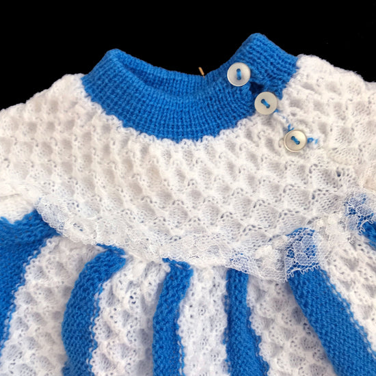 Vintage 70's Stripy White/Blue Knitted Dress  0-3 Months
