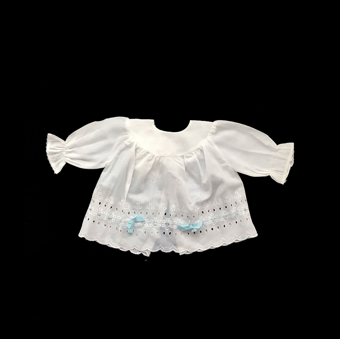 Vintage 60's "Broderie Anglaise" Blue Ribbon Embroidered White Shirt/ Top / Blouse Made in France 0-3 Months