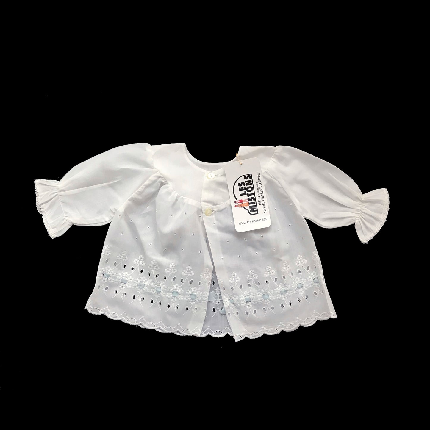 Vintage 60's "Broderie Anglaise" Blue Ribbon Embroidered White Shirt/ Top / Blouse Made in France 0-3 Months