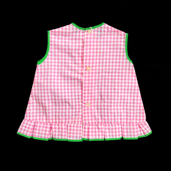 Vintage 60's Pink Gingham Nylon Appliqué Apron / Bib / Dress Made in France 9-12M