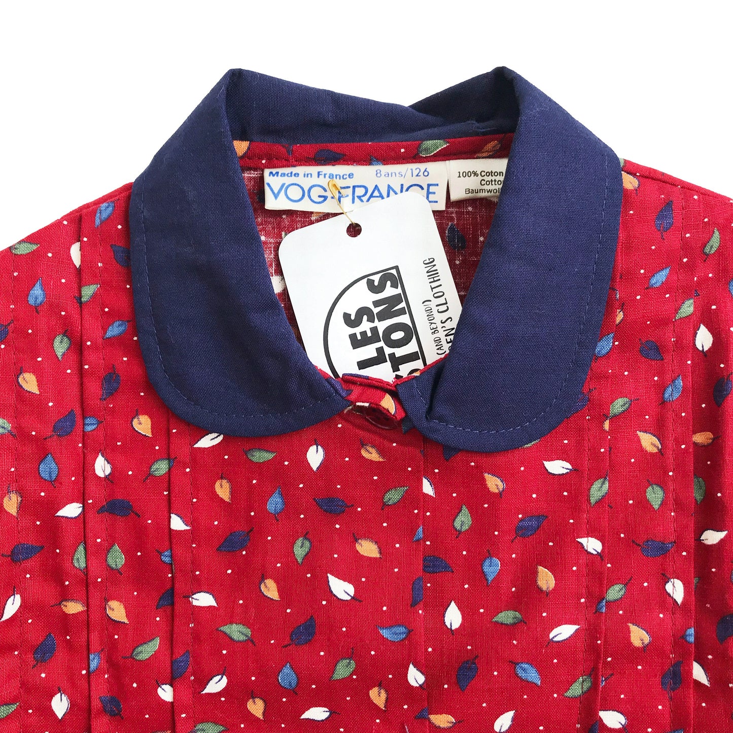 Vintage 70's Dark Red Leafy Peter Pan Collar Blouse / Dress   Made in France  6-8 Years