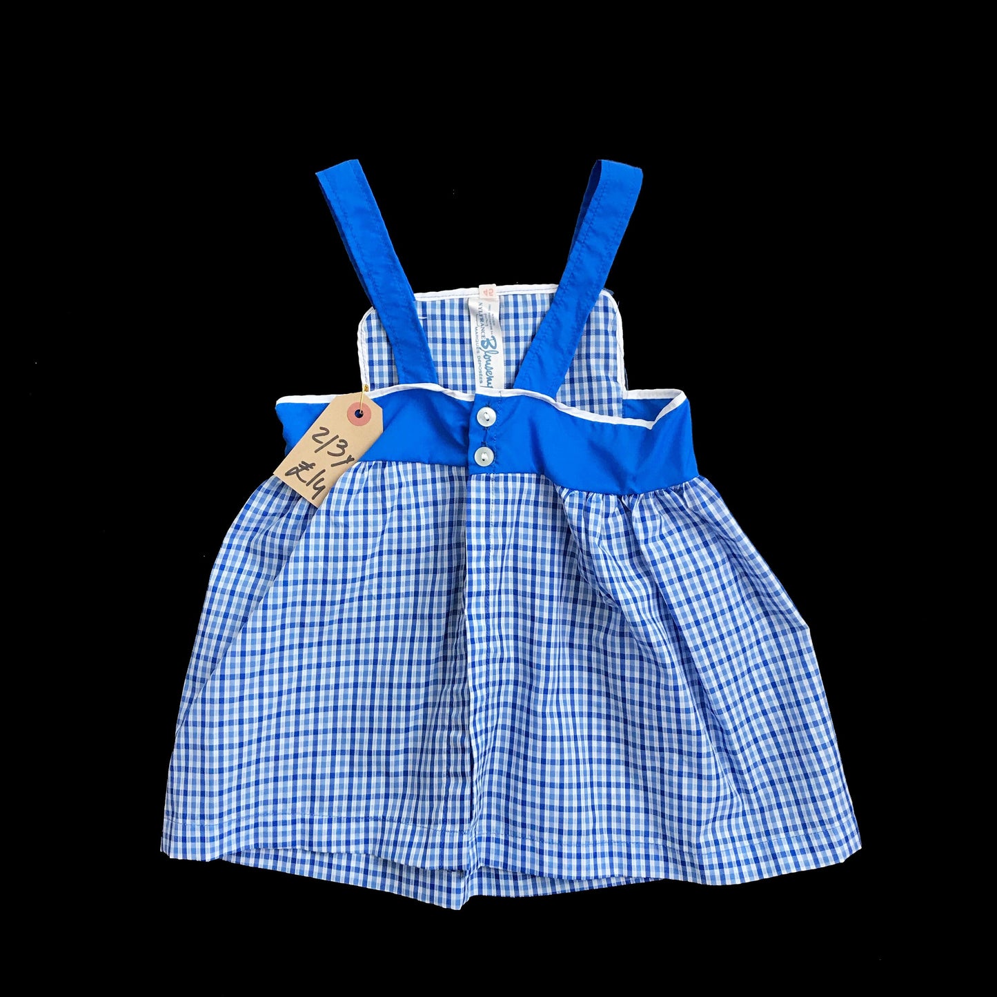 Vintage 60's Blue Gingham Nylon  Blouse / Dress / Bib  Made in France 2-3Y