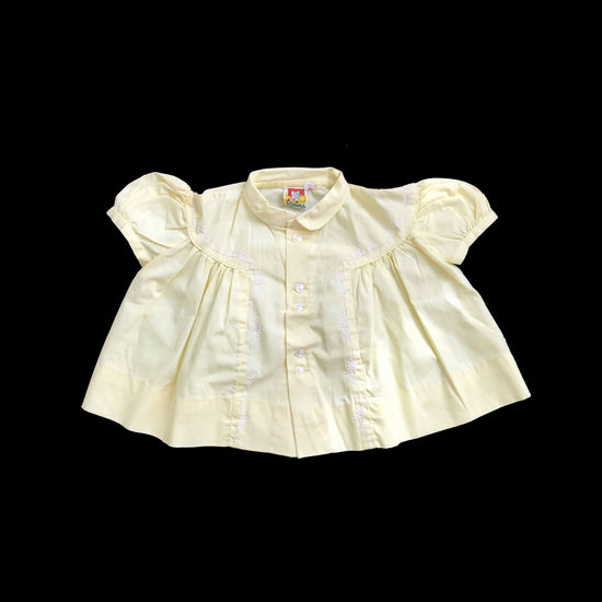 60's Vintage Yellow Classic Cotton Puff Sleeves Dress French Stock 9-12M