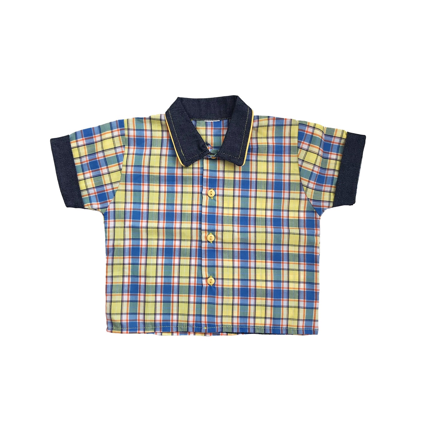 Vintage 70's Yellow / Blue Check Shirt French Stock 2-3Y