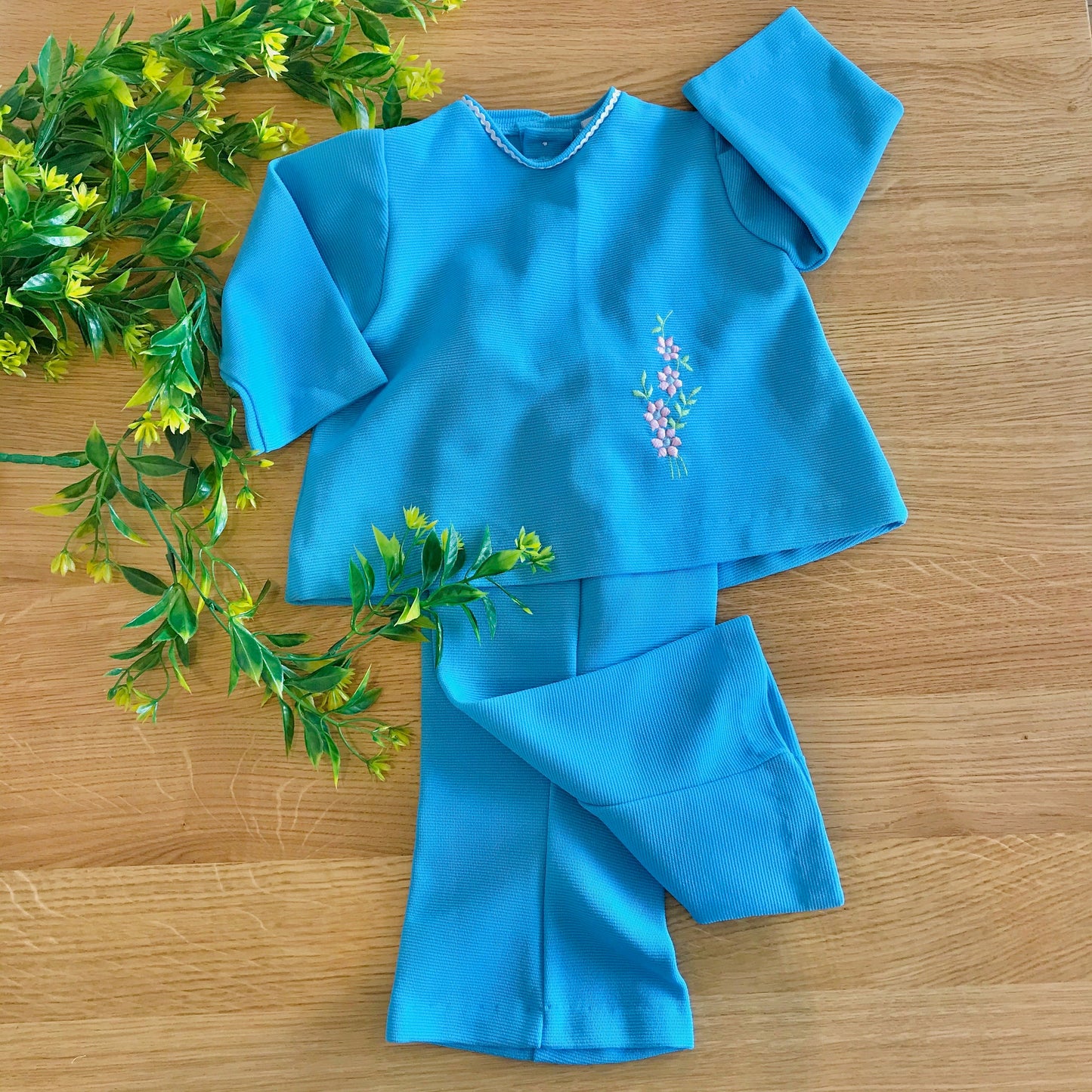 60's Blue Embroidered Top and Bottoms Set  British Stock 6-9 Months