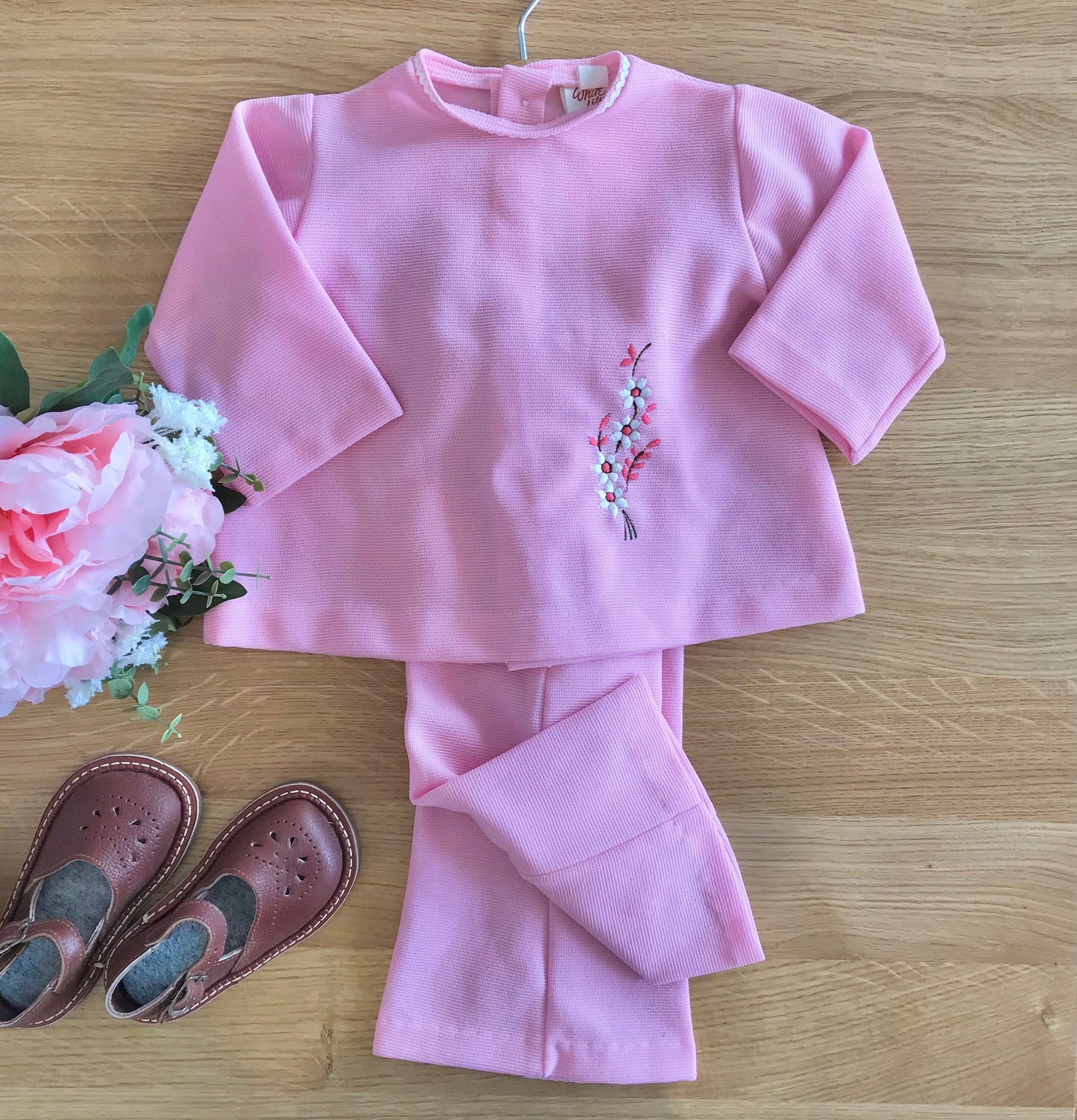 60's Pink Embroidered Top and Bottoms Set  British Stock 6-9 Months