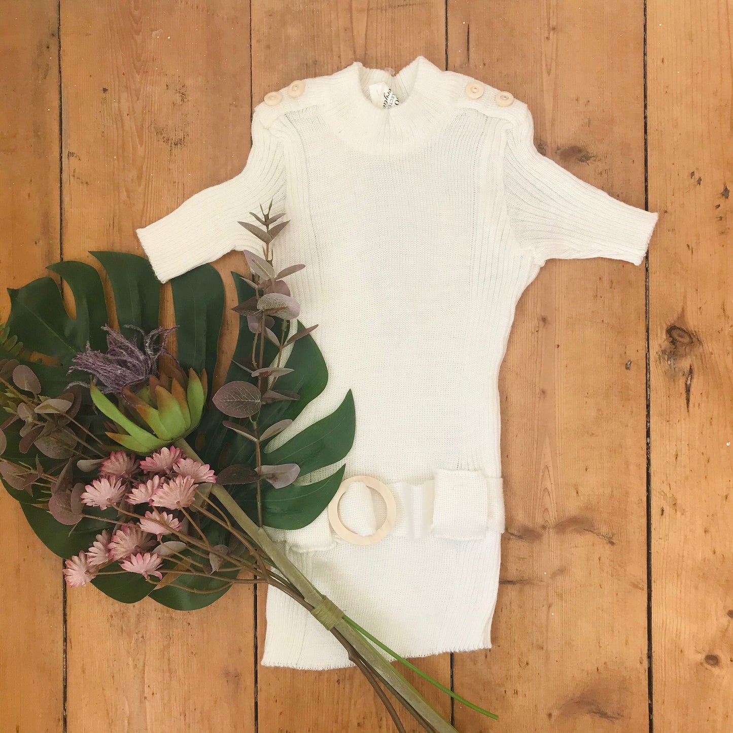 Vintage 60s White/Cream Mod Knitted Belted Top British Made 5-6Y