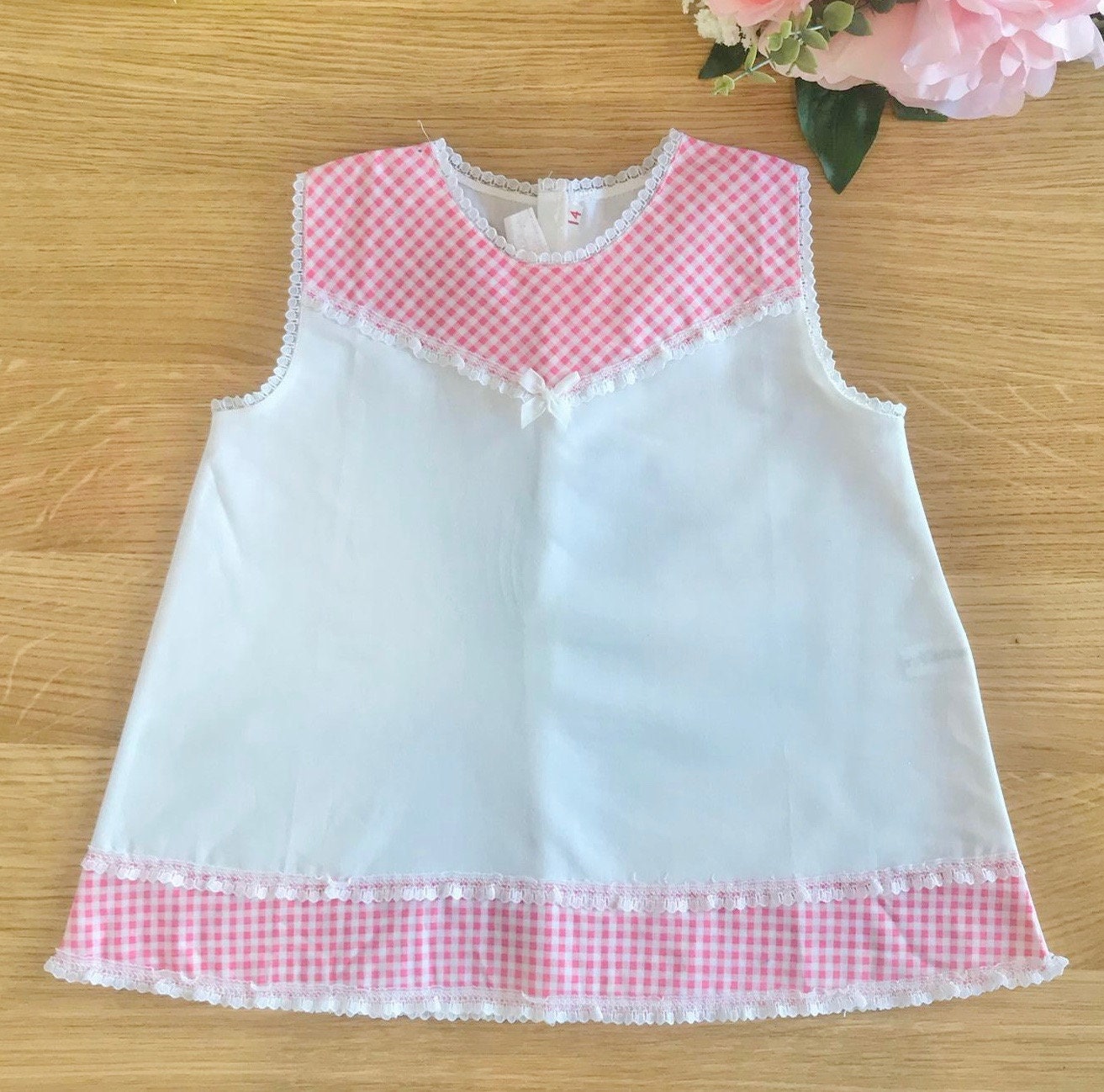 60's White/Gingham Pink  Dress British Stock 6-9 Months