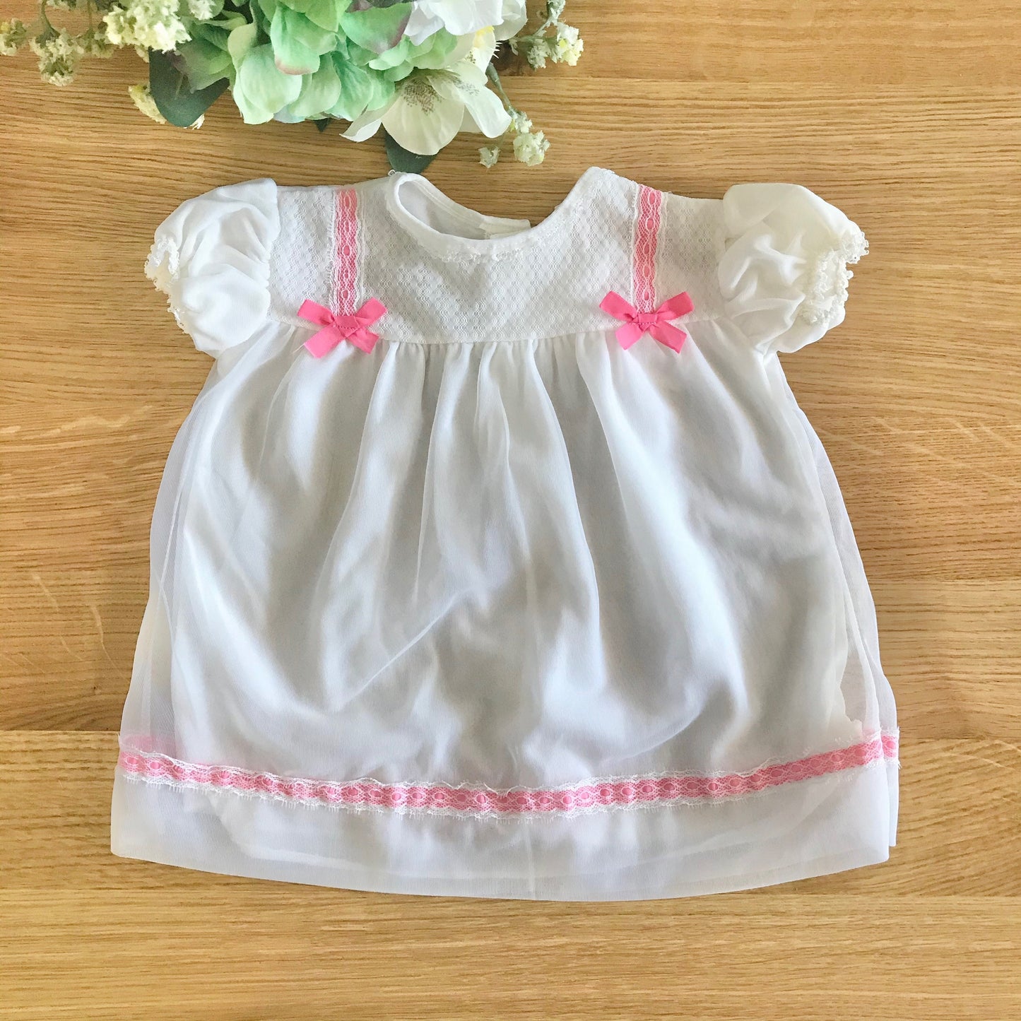 60's White/Pink Ribbons  Sheer Dress British Made 6-9 Months