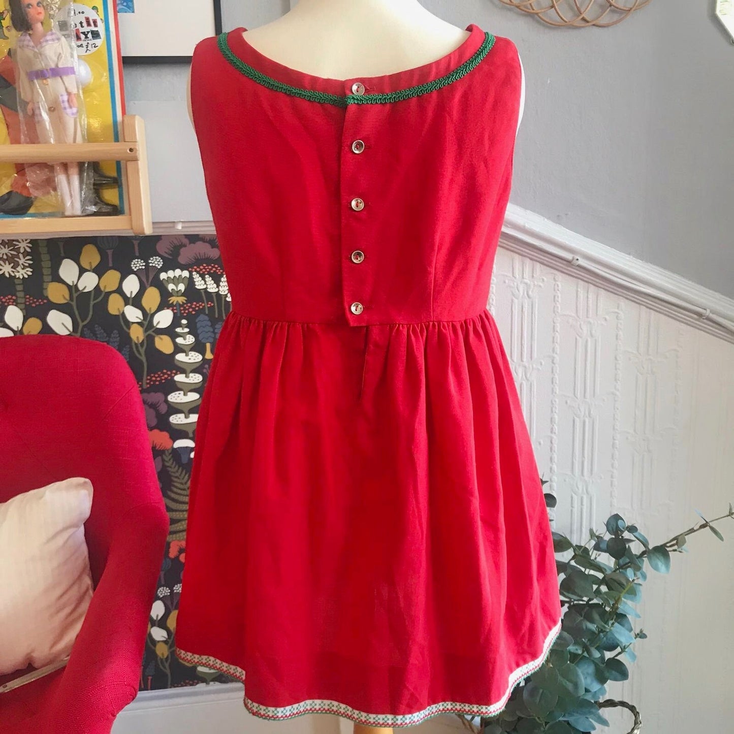 Vintage 1970's Red Austrian Girl Dress  8-10 Y
