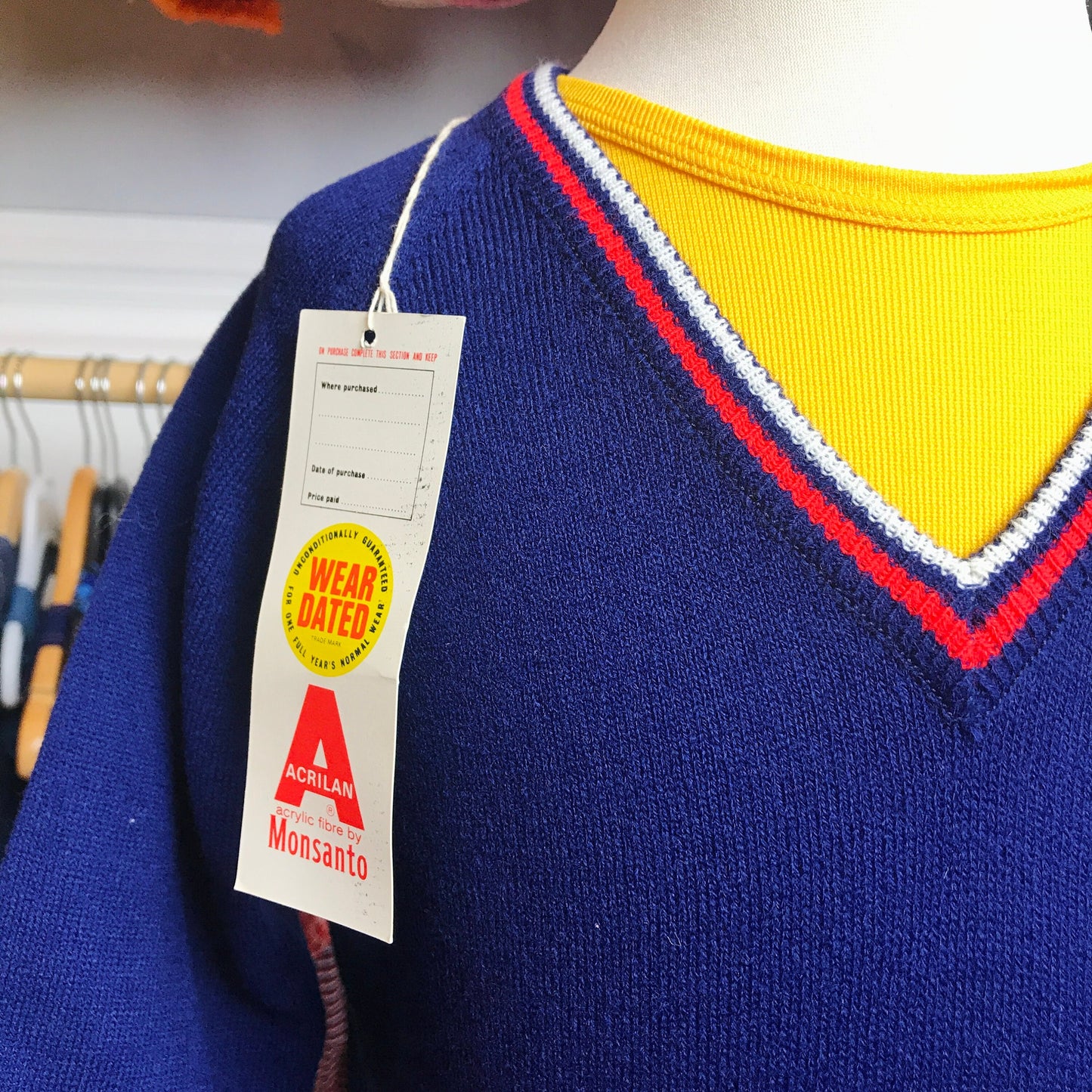 Load image into Gallery viewer, Vintage 70&amp;#39;s Children&amp;#39;s Navy Mod V-Neck Jumper British Made 6-8 and 8-10 Years
