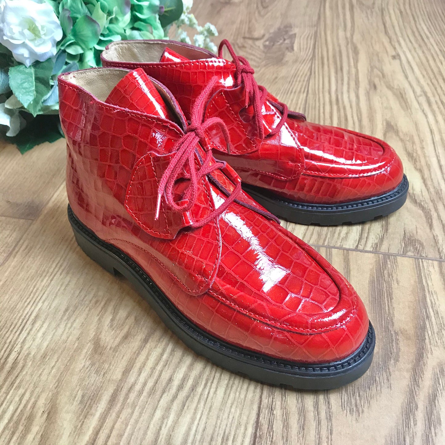 Deadstock 1970's Children's Red Patent Leather Low Boots  Made in France EU34