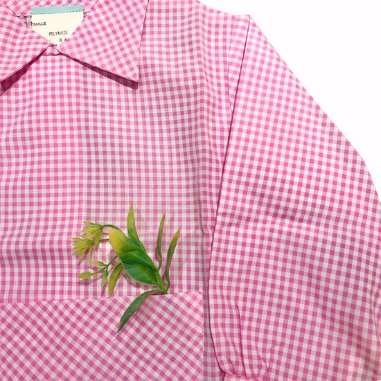 70s Vintage Pink Gingham Nylon School Blouse/Shirt French Made  18-24M