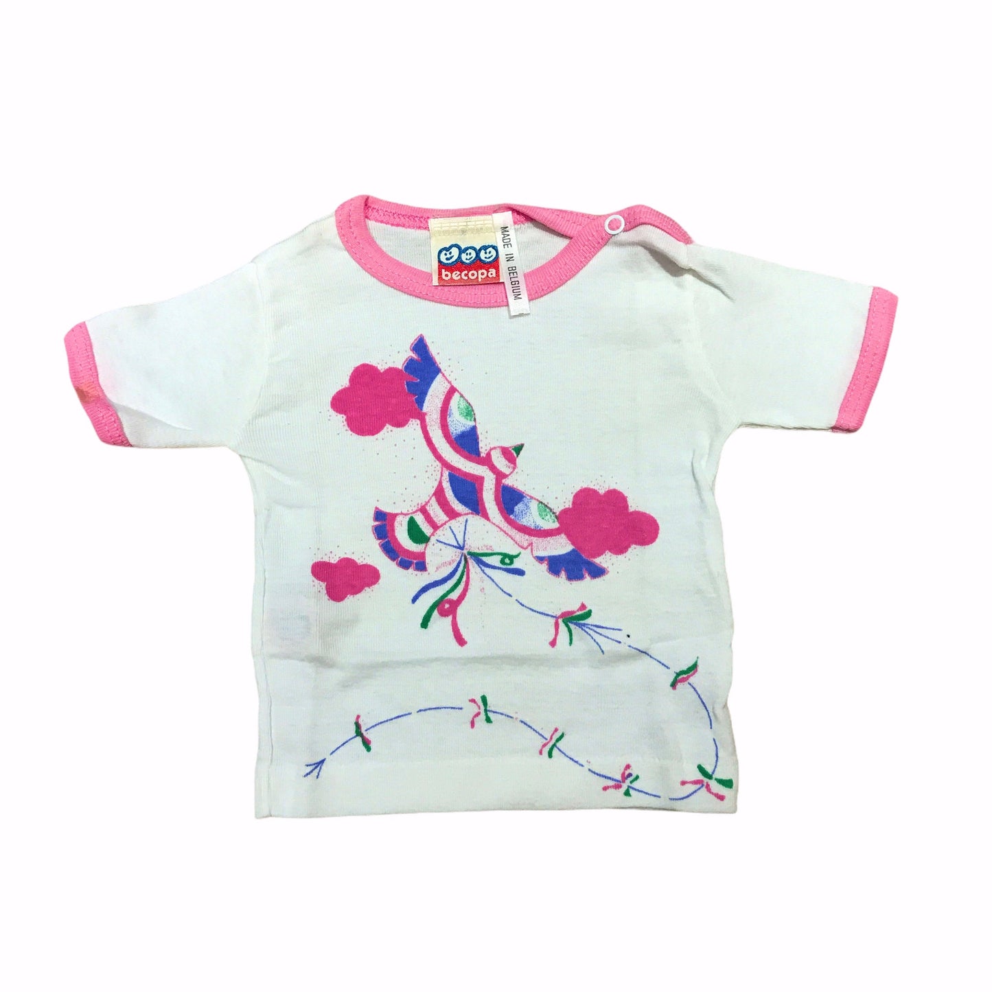 Vintage 70's Pink White Bird Printed  Baby Tee /Top Deadstock  French Made 6-9 Months