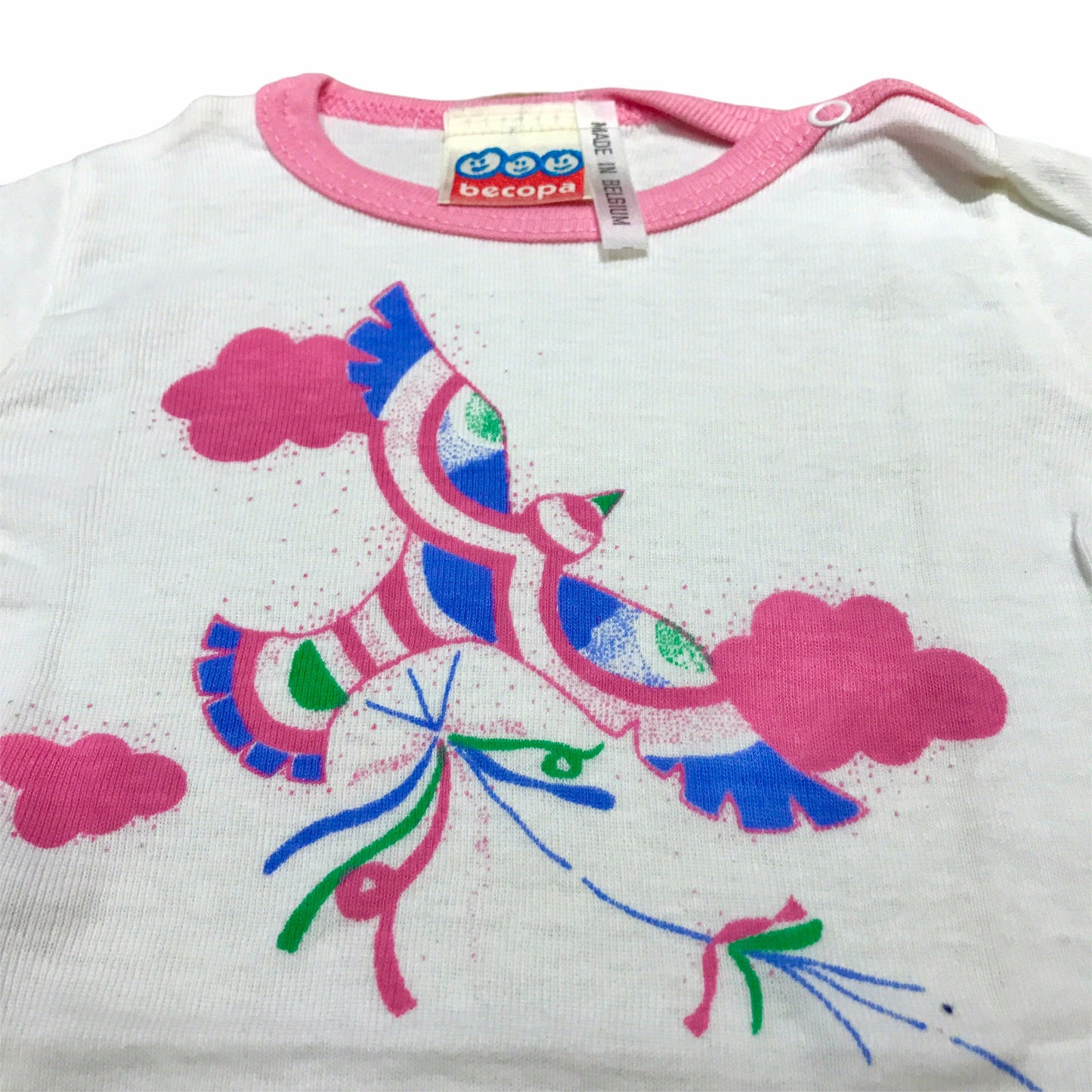 Vintage 70's Pink White Bird Printed  Baby Tee /Top Deadstock  French Made 6-9 Months