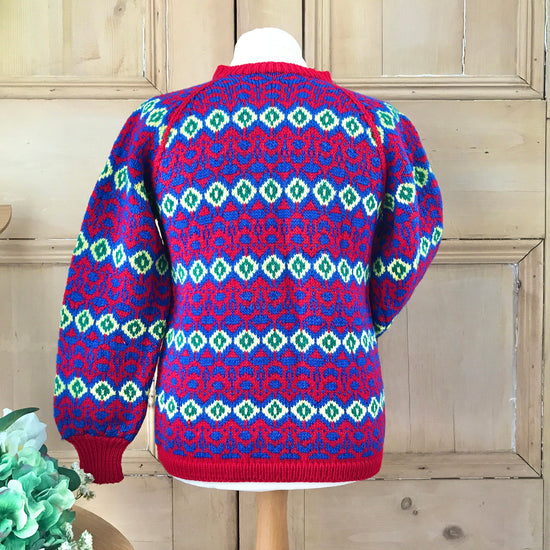 Vintage 1970's Children's / Teen Red / Blue Jacquard Winter Jumper Size 10-12 Y