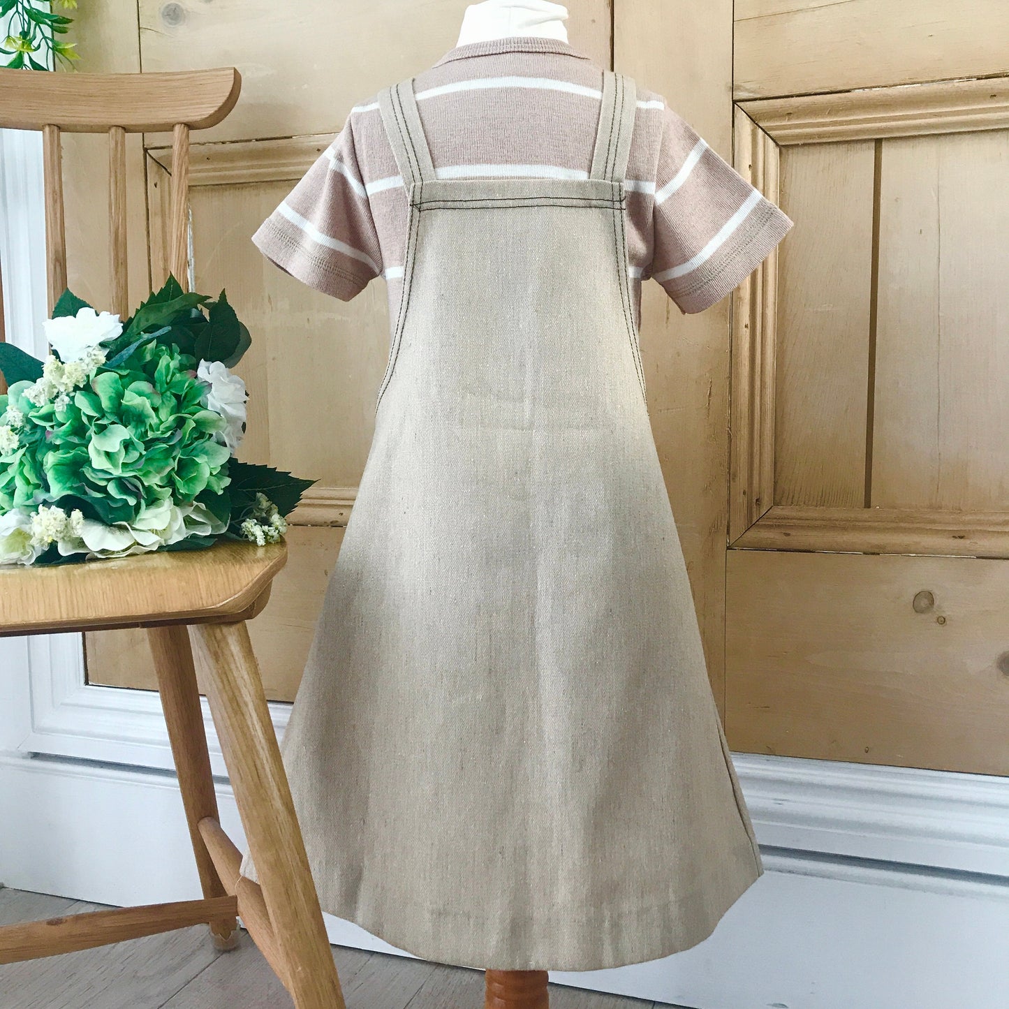 Deadstock Vintage 1970s Beige Pinafore Girl's " Two" Dress Spanish Made 4-5Y