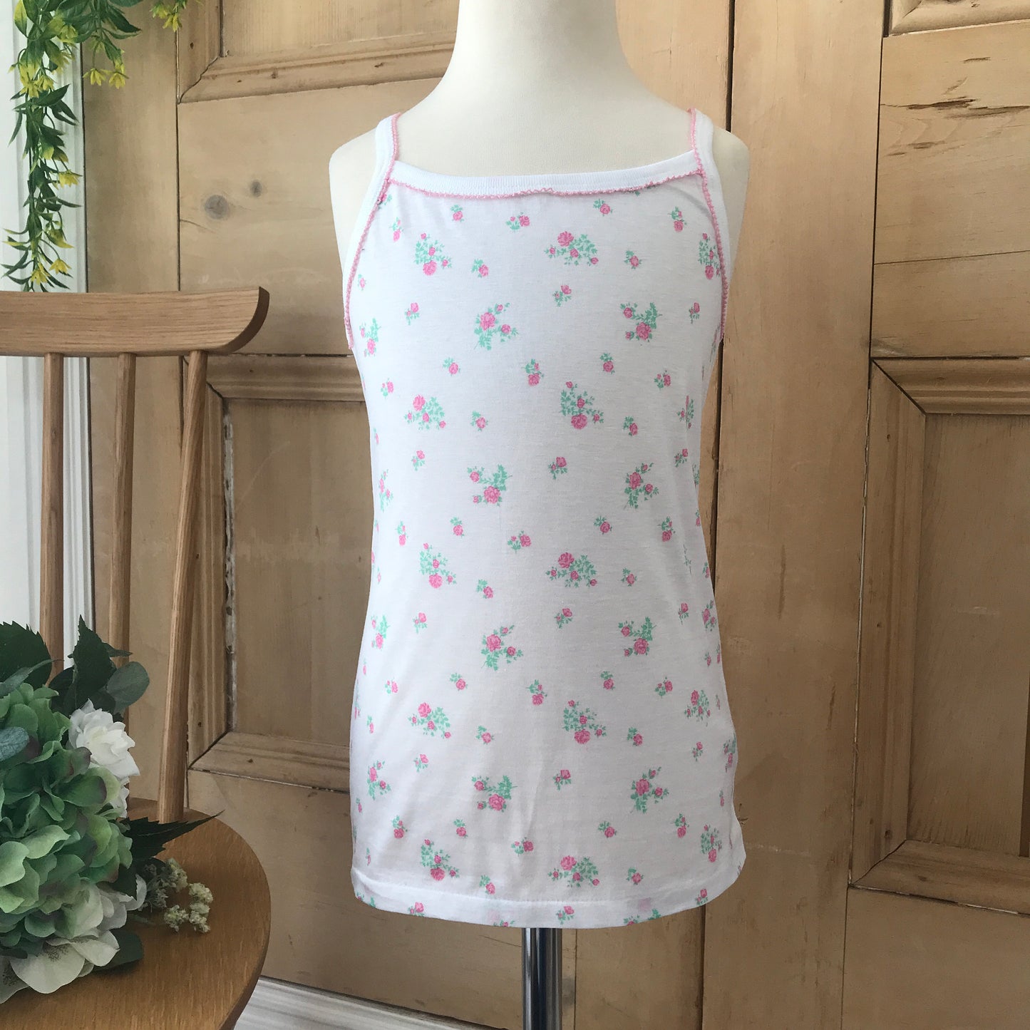 Vintage 1970s White / Pink Floral PETIT BATEAU Girl's Vest  8-10Y