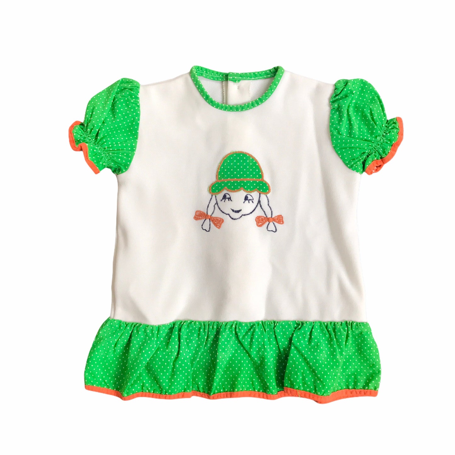 Vintage 1960s White / Green Embroidered Baby Dress  French Made 9-12 Months