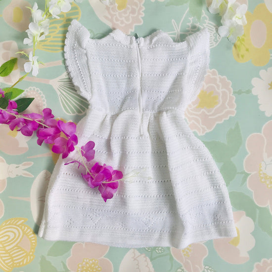 Vintage 1970's White Knitted Baby Dress French Made Newborn / 0-3  Months