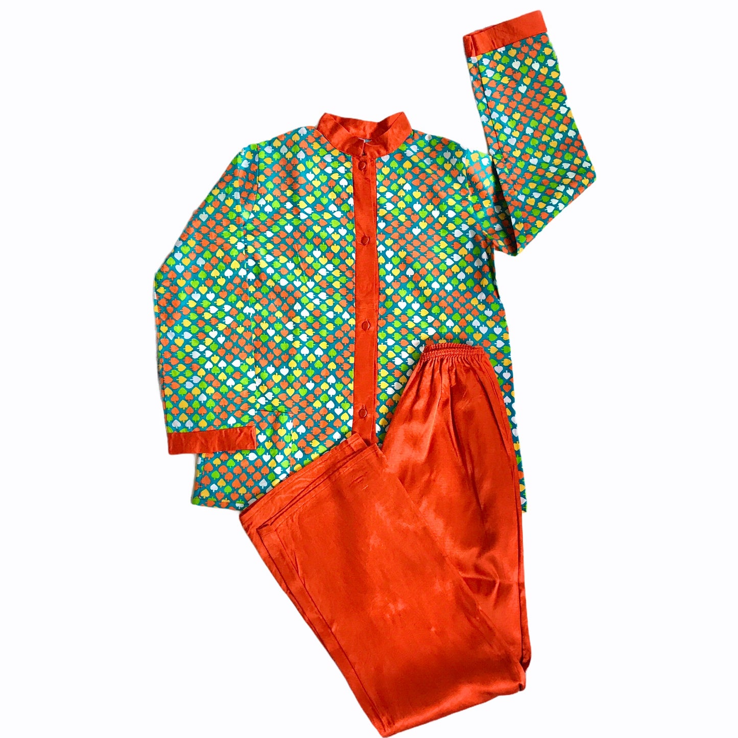 Vintage 1960s Orange / Green  Silky Lounge-wear Set French Made 12-14 Years