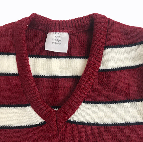 Vintage 1970's White / Red V-Neck Striped Kids Jumper French Made 8-10 Years