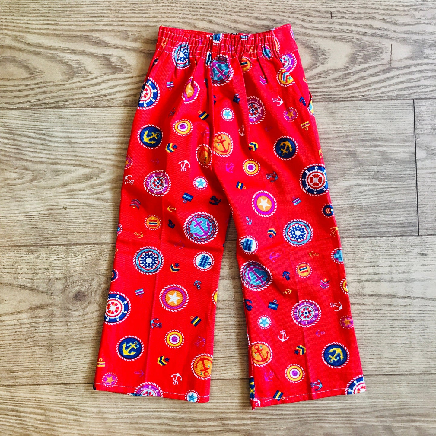 Vintage Deadstock  60s 70s Red Nautical Printed Bell Bottoms 18-24M, 2-3 and 3-4Y