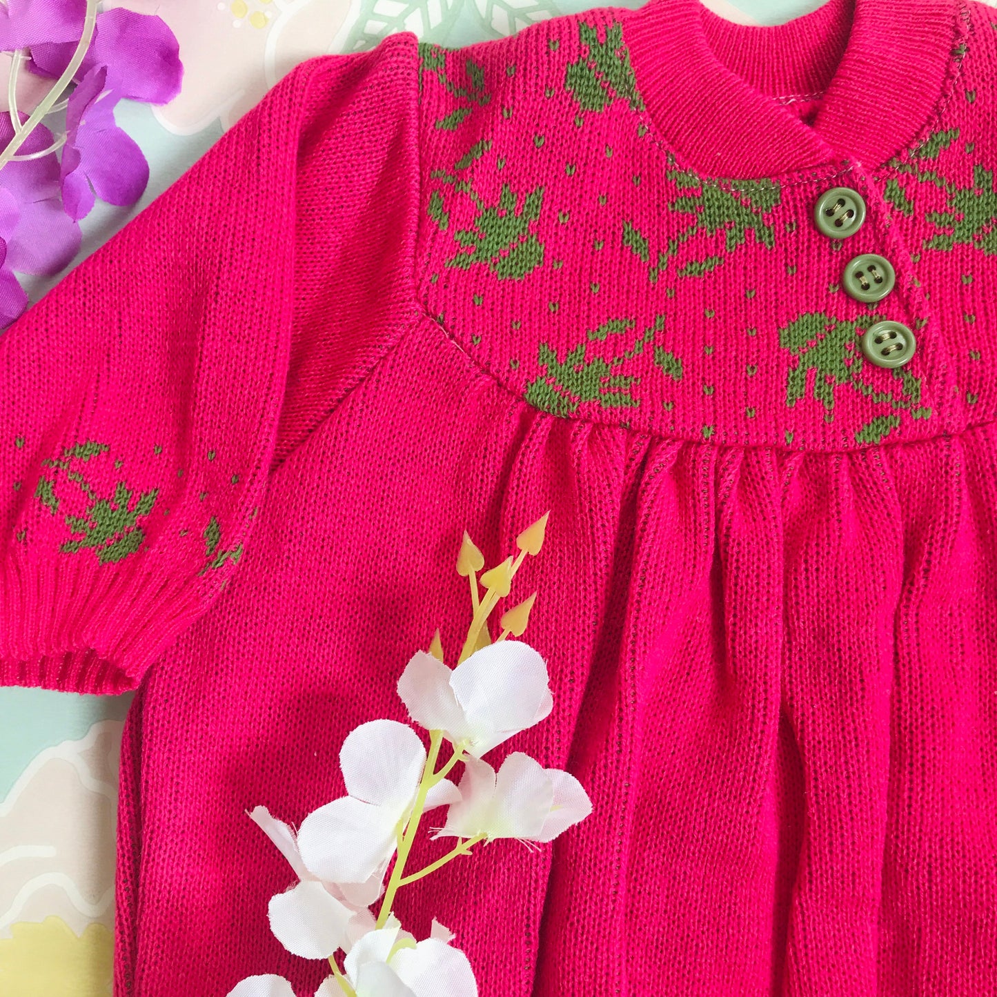 Vintage Deadstock 70's Pink/Green Knitted Baby Dress and Matching Scarf French Made Newborn / 0-3 Months