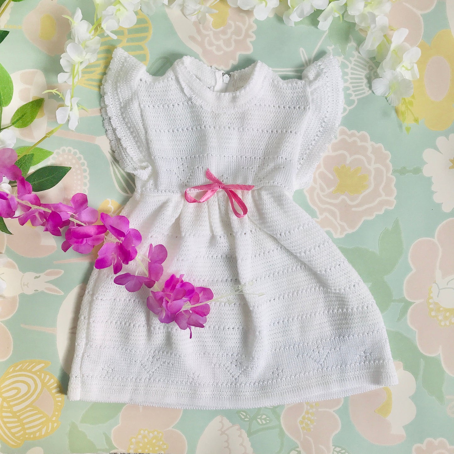 Vintage 1970's White Knitted Baby Dress French Made Newborn / 0-3  Months