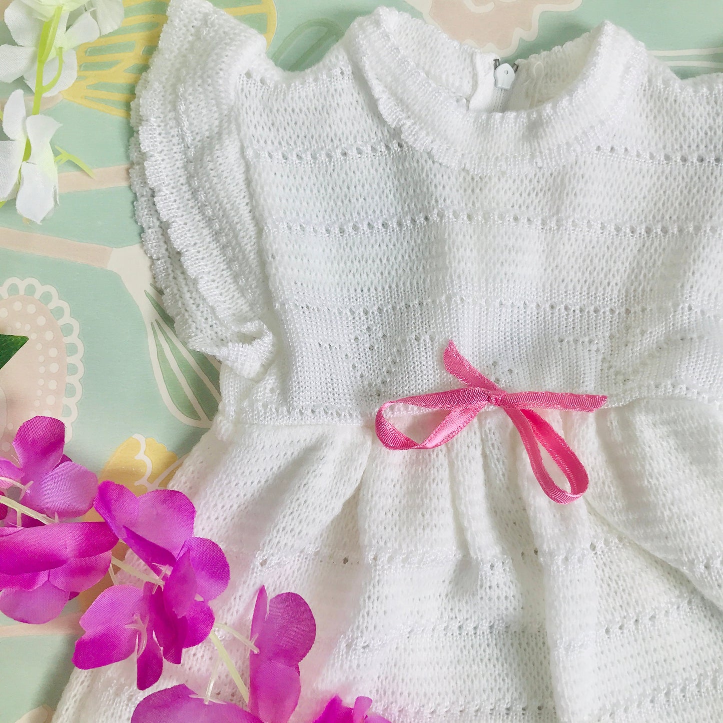 Vintage 1970's White Knitted Baby Dress French Made Newborn / 0-3  Months