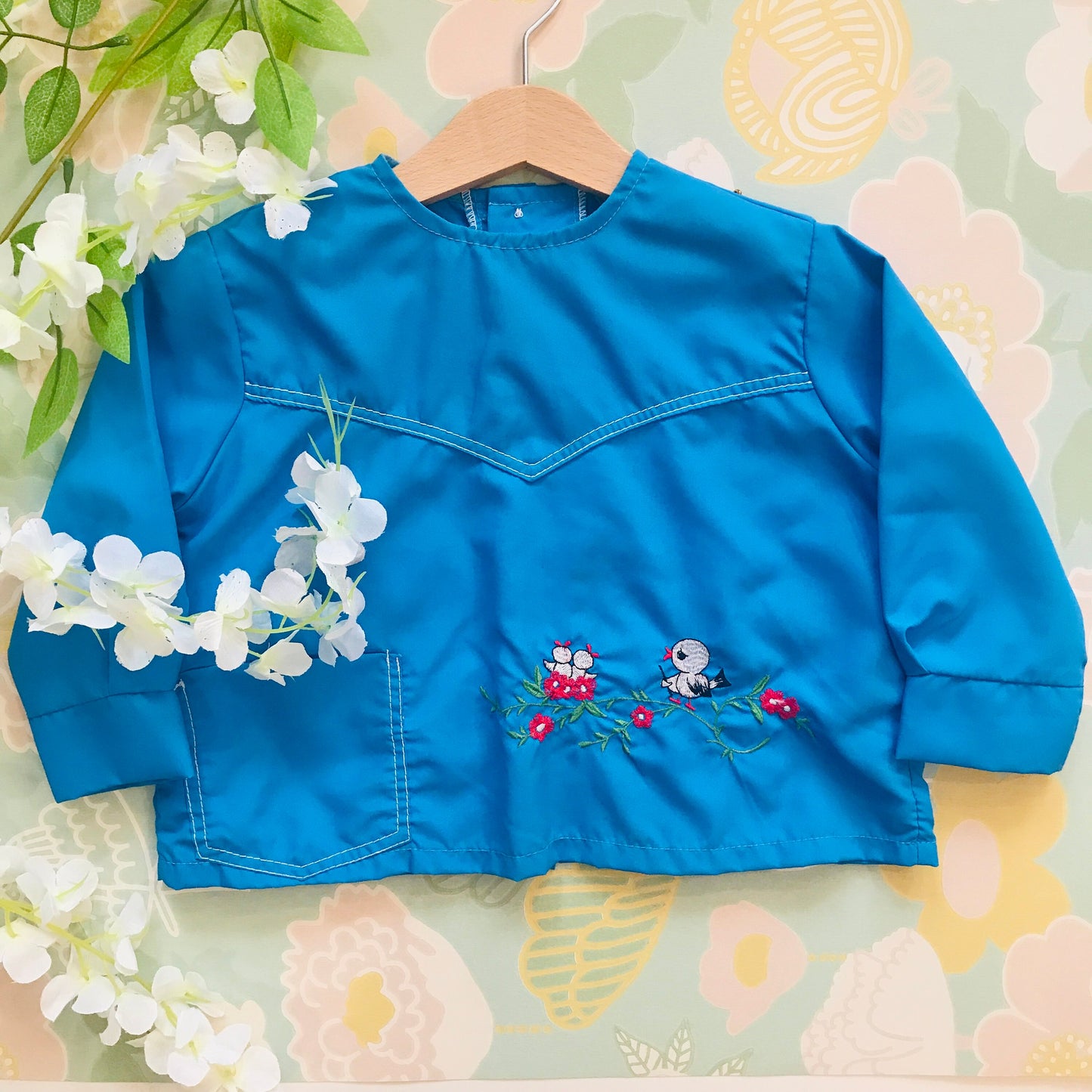 Vintage 1960s Blue "Birdies" Baby / Toddler Nylon Shirt / Blouse French Made 12-18 Months