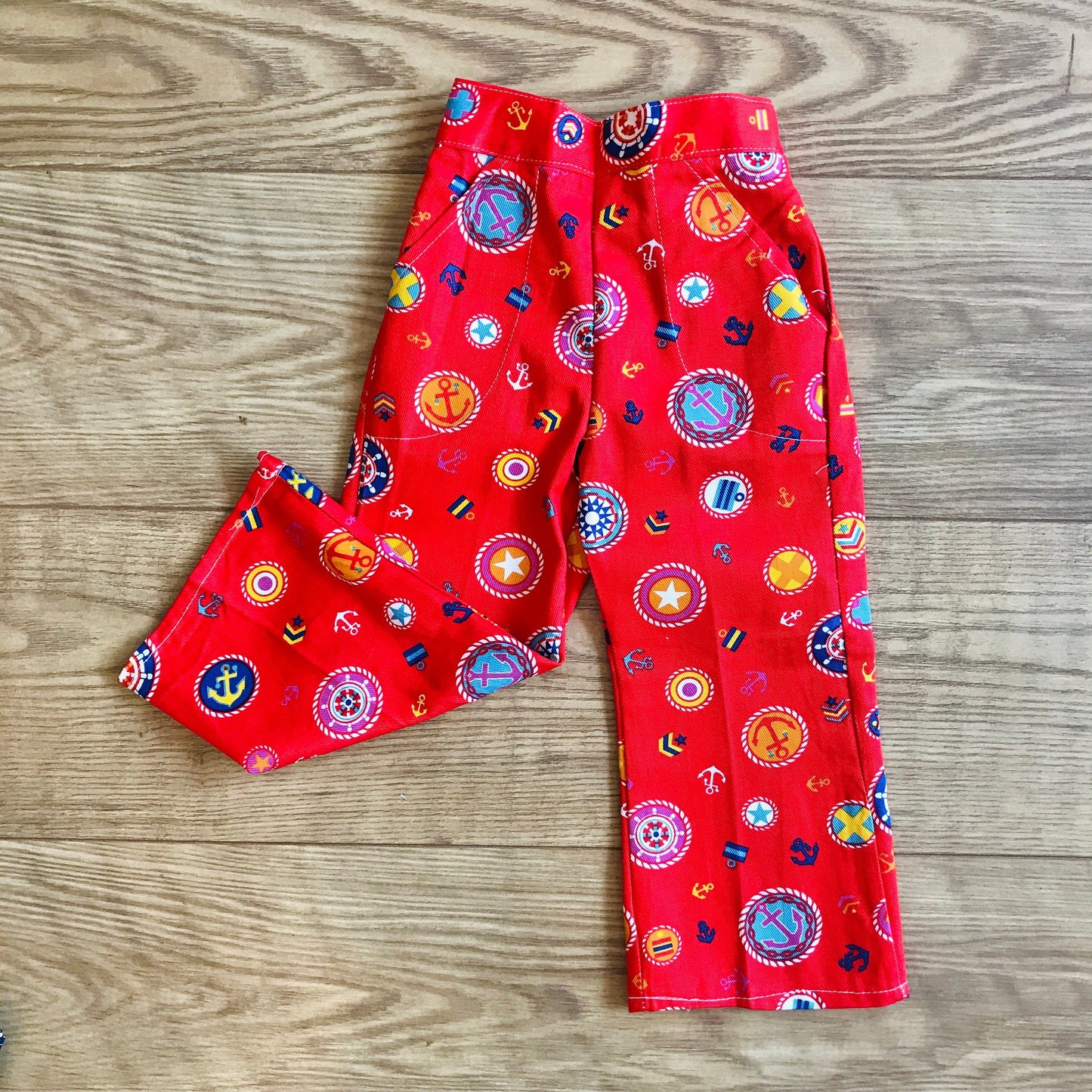 Vintage Deadstock  60s 70s Red Nautical Printed Bell Bottoms 18-24M, 2-3 and 3-4Y