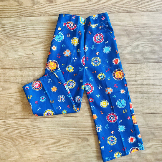 Vintage Deadstock  60s 70s Blue Nautical Printed Bell Bottoms 18-24M, 2-3 and 3-4Y