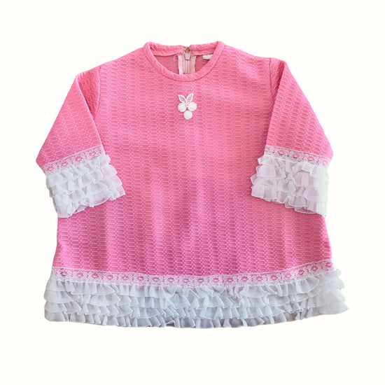 60's  Vintage Pink Textured Frilled Dress British Made 9-12 Months
