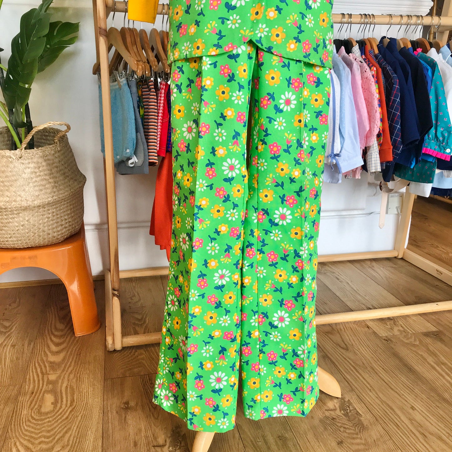 Vintage 60's Green Psychedelic Floral Vest and Bottoms Set French Made 10+ Years