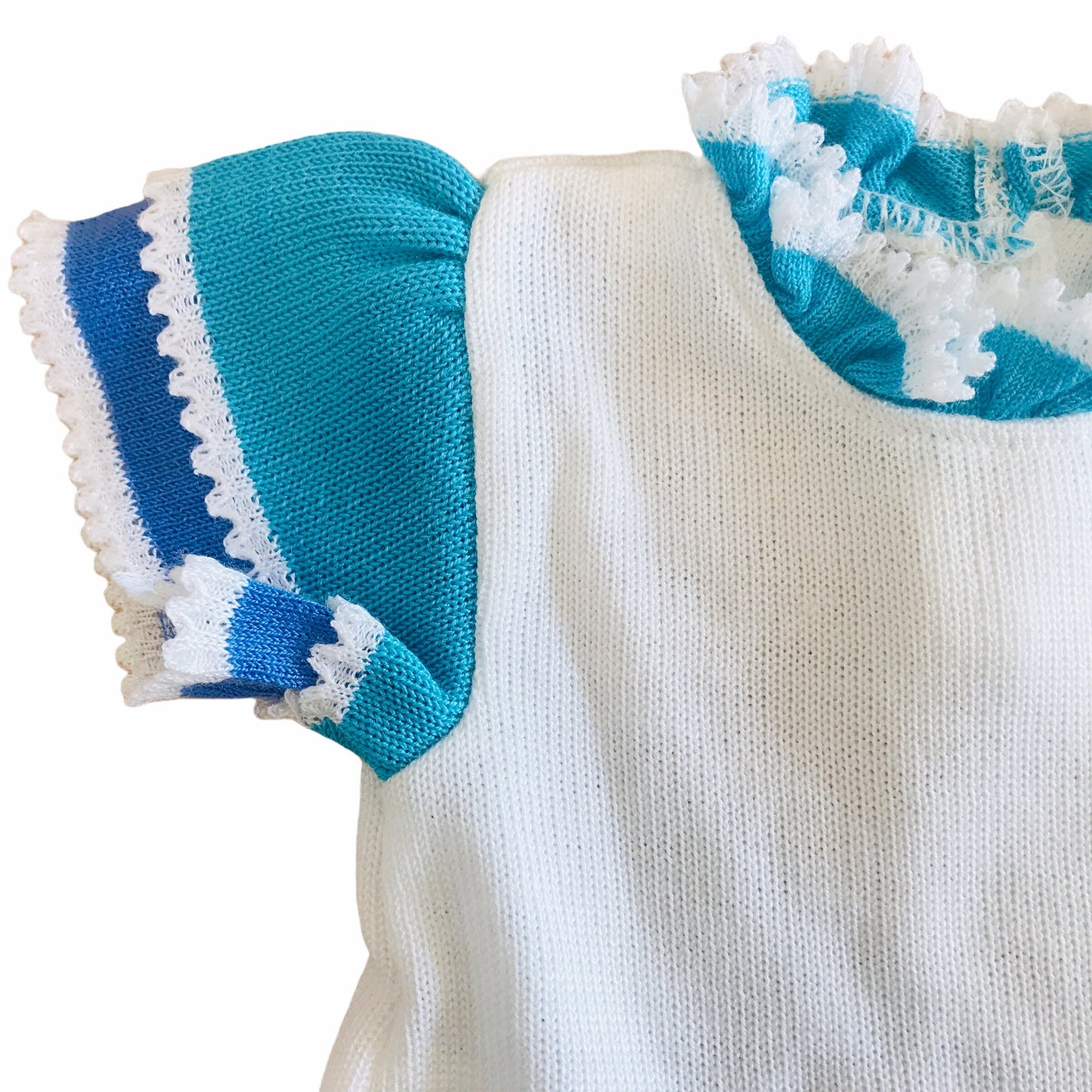 Vintage 1970's Blue Knitted Fringed Baby Dress French Made Newborn / 0-3 Months