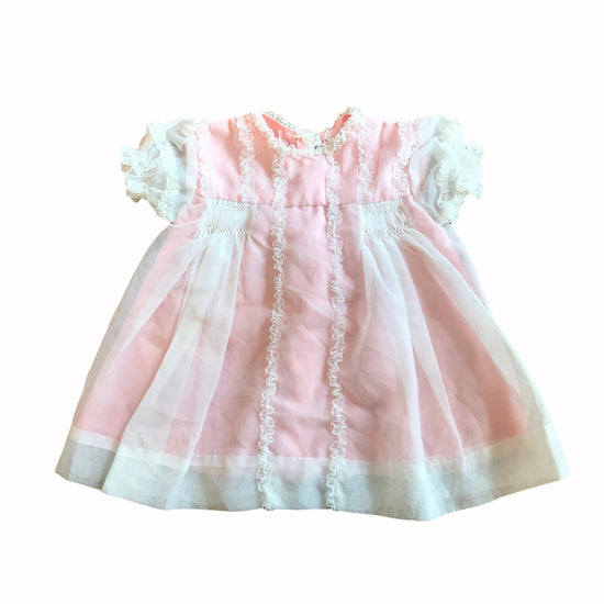 Vintage 60s Baby White/Pink Ruffle Sheer Dress British Made 6-9 Months
